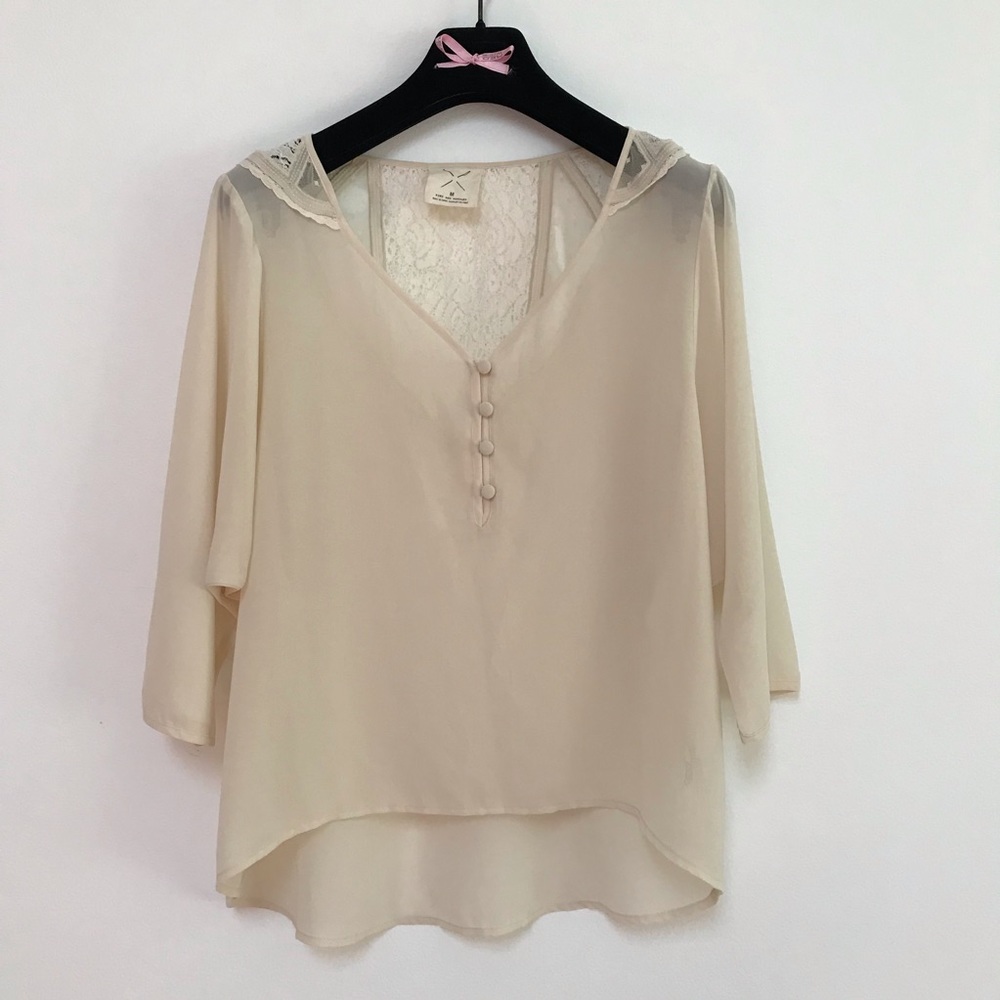 UO Pins & Needles Chiffon Lace Blouse Medium Cream